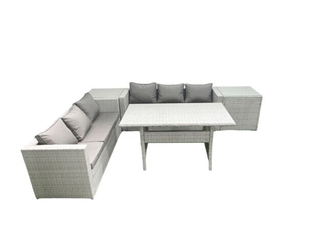 Fimous Rattan Garden Furniture Set 6 Seater Outdoor Sofa Set with Dining Table 2 Side Tables Light Grey Mixed - image 1
