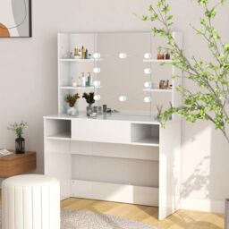 Berkfield Home Makeup Table with LED Lights 100x40x135 cm MDF Shining White - Size: 100 x 40 x 135 cm - thumbnail 1