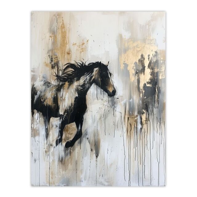 "Artery8 Wild Horse Fantasy Black Gold Bright Oil Painting Wall Art Print in Grey - Size: W24"" x H32""" - image 1