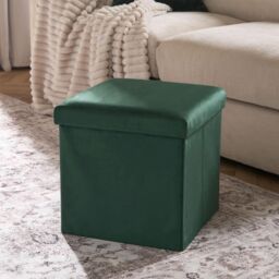 OHS Folding Ottoman Storage Box Footstool Tub Space Saving Velvet Seat in Dark Green - thumbnail 1
