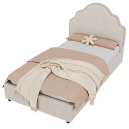 Matteo Girl's Scalloped Upholstered Hydraulic Ottoman Kids Bed Frame - Beige Linen - Size: Single - thumbnail 3