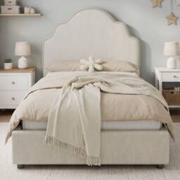 Matteo Girl's Scalloped Upholstered Hydraulic Ottoman Kids Bed Frame - Beige Linen - Size: Single - thumbnail 8