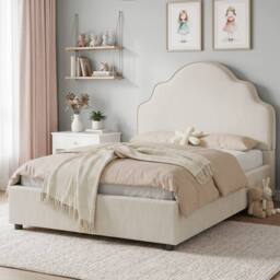 Matteo Girl's Scalloped Upholstered Hydraulic Ottoman Kids Bed Frame - Beige Linen - Size: Single - thumbnail 6