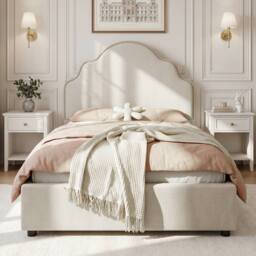 Matteo Girl's Scalloped Upholstered Hydraulic Ottoman Kids Bed Frame - Beige Linen - Size: Single