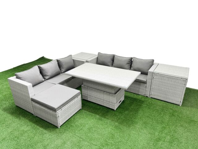 Fimous 6 PCs Rising Dining Table Set Rattan Furniture Set with 3 Seater Sofa in Light Grey - image 1