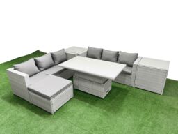 Fimous 6 PCs Rising Dining Table Set Rattan Furniture Set with 3 Seater Sofa in Light Grey - thumbnail 2