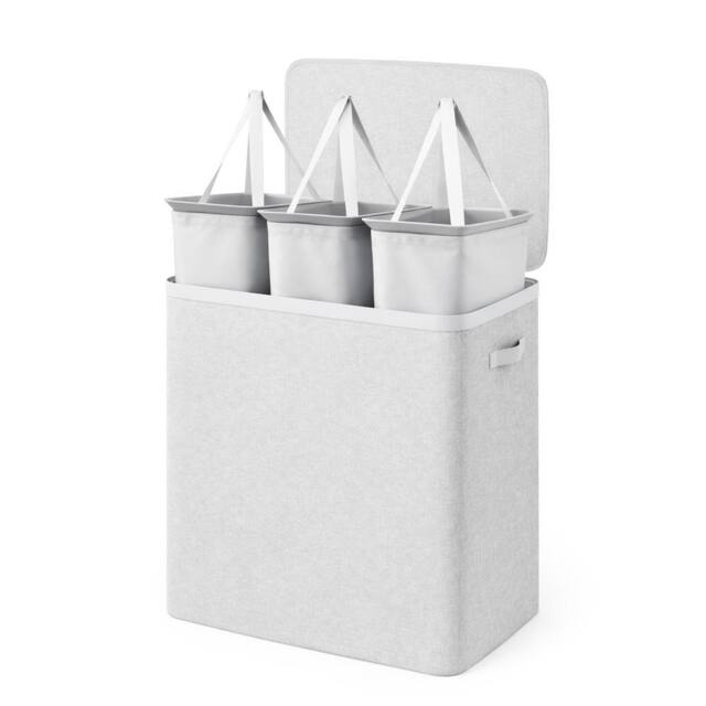 Keplin Collapsible Triple Laundry Basket with Lid & Removable Liner - 170L in Grey - image 1