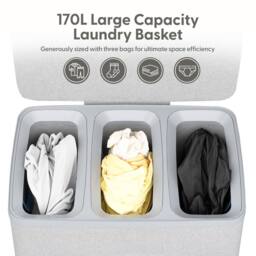 Keplin Collapsible Triple Laundry Basket with Lid & Removable Liner - 170L in Grey - thumbnail 5