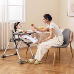 Costway Foldable Baby High Chair Height Adjustable Highchair w/Detachable Tray in Beige - thumbnail 4