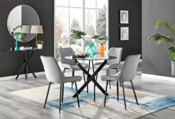 FurnitureboxUK Novara 4 Seater Black Leg Round Glass Dining Table & 4 Pesaro Soft Velvet Black Leg Chairs in Grey