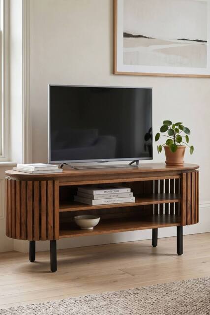 IH Design Tackley Mango Wood Oval Slat TV Cabinet Up to 55 Inches in Brown - image 1