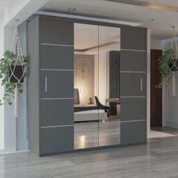 Sliding Wardrobes 4U Modern Sliding Wardrobe with LED Light W180cm x H217cm x D62cm in Grey