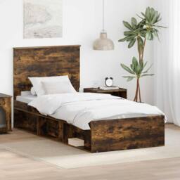 Berkfield Home Bed Frame with Headboard Smoked Oak 90 x 190 cm Solid Pine Wood in Brown - thumbnail 1