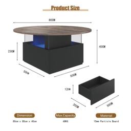 KEEPREAPER Round LED Coffee Table with Storage & 2 Sliding Drawers Acrylic in Brown - thumbnail 3