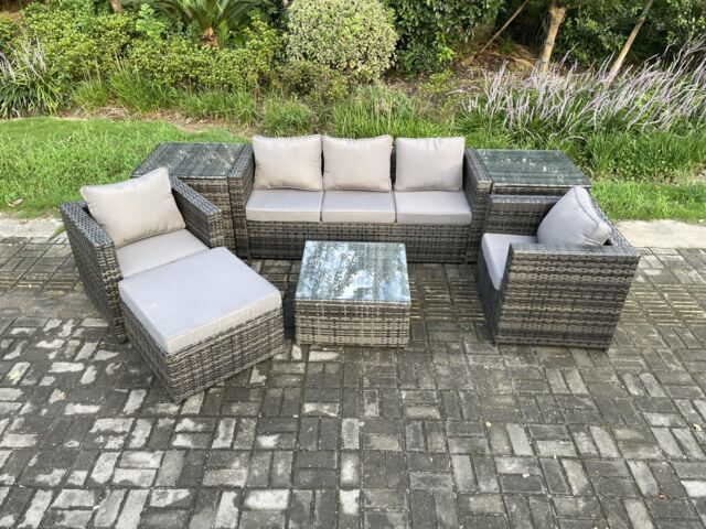 Fimous Wicker 7 Pieces Rattan Garden Furniture Sofa Set with Armchair 2 Side Tables Square Coffee Table Dark Grey Mixed - image 1