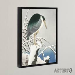 "Artery8 Heron In Snow Vintage Bird Ukiyo E Framed Canvas Wall Art Print Koson in Green - Size: W12"" x H16""" - thumbnail 2