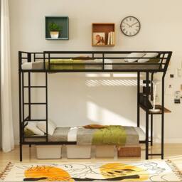 Gymax Single over Single Loft Bed Metal Bunk Bed with Desk With Ladders in Black - thumbnail 3