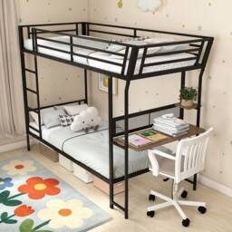 Gymax Single over Single Loft Bed Metal Bunk Bed with Desk With Ladders in Black - thumbnail 5