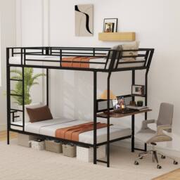 Gymax Single over Single Loft Bed Metal Bunk Bed with Desk With Ladders in Black - thumbnail 4