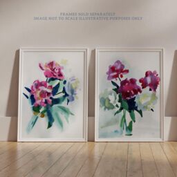 Wee Blue Coo Pack of 2 Spring Flower Pink & White Bouquet in Glass Vase Floral Watercolour Painting Unframed Wall Art Living Room Prints Set in Purple - thumbnail 6