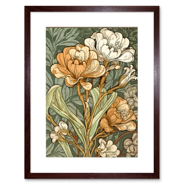 "Artery8 Wall Art Print White & Yellow Freesia Flower Blooms Watercolour Artwork Framed 9X7 Inch in Brown - Size: W7"" x H9""" - image 1