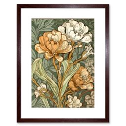 "Artery8 Wall Art Print White & Yellow Freesia Flower Blooms Watercolour Artwork Framed 9X7 Inch in Brown - Size: W7"" x H9""" - thumbnail 1