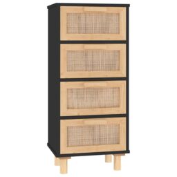 Berkfield Home Sideboard Black 40x30x90 cm Solid Wood Pine & Natural Rattan - Size: 40 x 30 x 90 cm - thumbnail 2