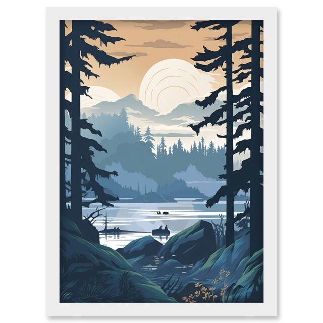 Artery8 Lake View in Rainforest Landscape Illustration Artwork Framed Wall Art Print A4 in White - image 1