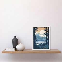 Artery8 Lake View in Rainforest Landscape Illustration Artwork Framed Wall Art Print A4 in White - thumbnail 2