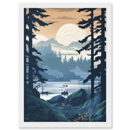 Artery8 Lake View in Rainforest Landscape Illustration Artwork Framed Wall Art Print A4 in White - thumbnail 1