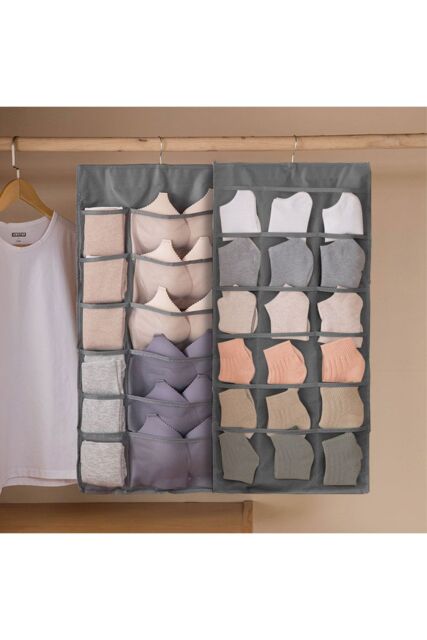 Living and Home Versatile 2-Sided Fabric Hanging Underwear Bra Socks Storage Bag in Grey - image 1