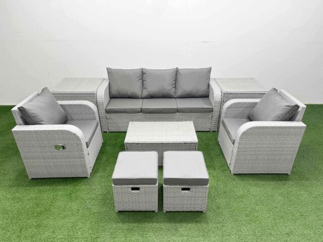 Fimous PE Rattan Garden Furniture Set Reclining Chair Sofa Lounge Sofa Set Oblong Coffee Table 2 Side Table 2 Small Stools Light Grey - image 1