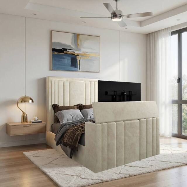 KDMD Ashburnham Upholstered Soft Velvet Cream Tv Bespoke Bed Frame - Size: Super King - image 1