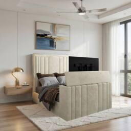 KDMD Ashburnham Upholstered Soft Velvet Cream Tv Bespoke Bed Frame - Size: Super King - thumbnail 1