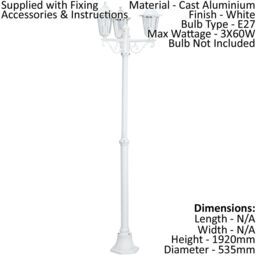 Loops 2 PACK IP44 Outdoor Bollard Light White Aluminium Lantern 3 Arm E27 Lamp Post - thumbnail 2