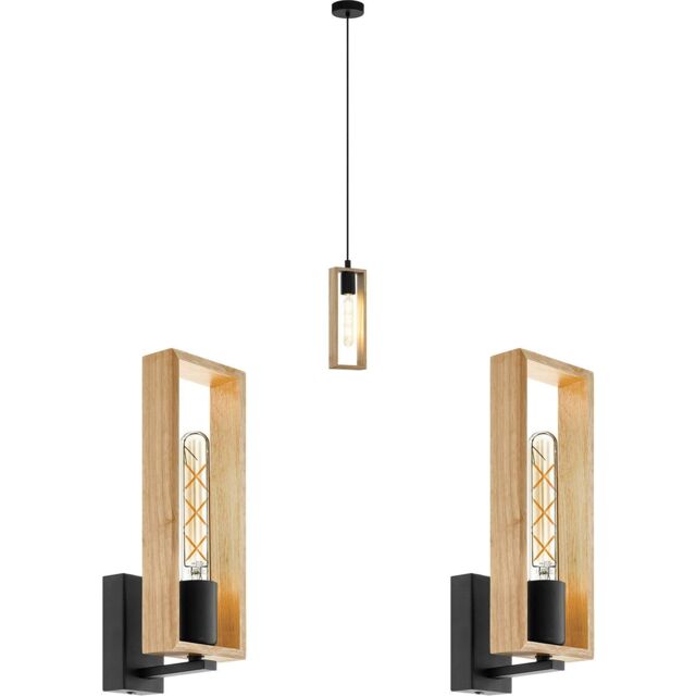 Loops Ceiling Pendant Light & 2x Matching Wall Lights Black & Wood Box Modern Shade - image 1