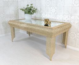 Downton Interiors Light Gold Embossed Metal Mirrored Glass Coffee Table - Agadir Range - Size: Large