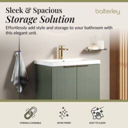 Balterley Satin Green Fluted Floor Standing Vanity, Brushed Brass, 600mm - thumbnail 2