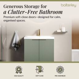 Balterley Satin Green Fluted Floor Standing Vanity, Brushed Brass, 600mm - thumbnail 3