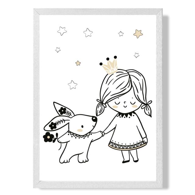 ARTZE Scandi Princess Little & Rabbit Framed Print SIZE: A2 with White Frame in Black - Size: A4 - image 1