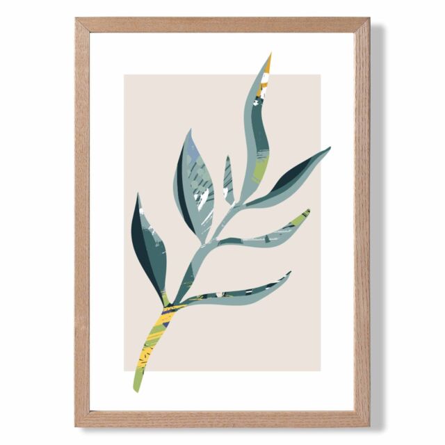 ARTZE Papyrus Leaf Teal & Green Mid Century Modern Framed Print SIZE: A2 with Oak Frame - image 1