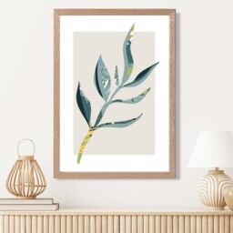 ARTZE Papyrus Leaf Teal & Green Mid Century Modern Framed Print SIZE: A2 with Oak Frame - thumbnail 2