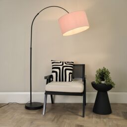 ValueLights Louis Black Arched Curved Floor Lamp with Fabric Drum Lamp Shade & LED Bulb in Dusty Pink - thumbnail 1