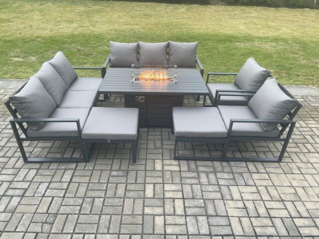 Fimous Aluminium Outdoor Garden Furniture Set Patio Lounge Sofa Gas Fire Pit Dining Table Set with 2 Big Footstools Dark Grey - image 1