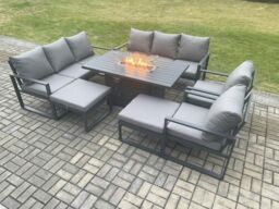 Fimous Aluminium Outdoor Garden Furniture Set Patio Lounge Sofa Gas Fire Pit Dining Table Set with 2 Big Footstools Dark Grey - thumbnail 2