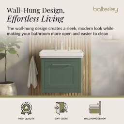 Balterley Wall Hung 1 Drawer Vanity Unit & 3TH Fireclay Basin, 500mm, Green - thumbnail 3
