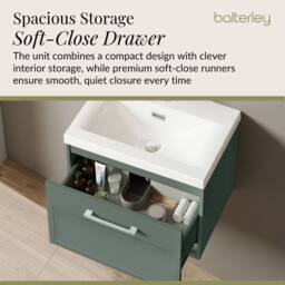 Balterley Wall Hung 1 Drawer Vanity Unit & 3TH Fireclay Basin, 500mm, Green - thumbnail 4