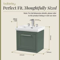 Balterley Wall Hung 1 Drawer Vanity Unit & 3TH Fireclay Basin, 500mm, Green - thumbnail 5