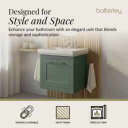 Balterley Wall Hung 1 Drawer Vanity Unit & 3TH Fireclay Basin, 500mm, Green - thumbnail 2