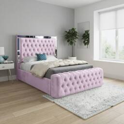 Casani Ludgershall Mirror Upholstered Pink Soft Velvet Designer Bed Frame - Size: Double - thumbnail 1